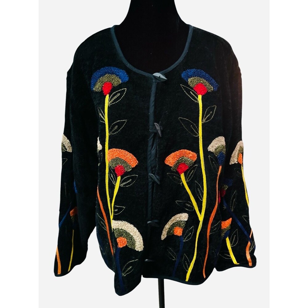 Vintage Embroidered Floral Cardigan Jacket Toggle Closure Art to Wear Folk